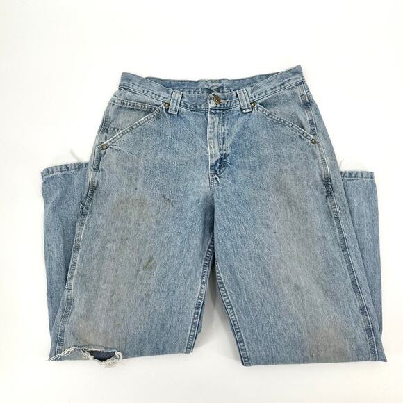 VTG Lee Dungarees Thrashed Distressed Carpenter Jeans Mens Size 32x30 Light Wash - Picture 4 of 12